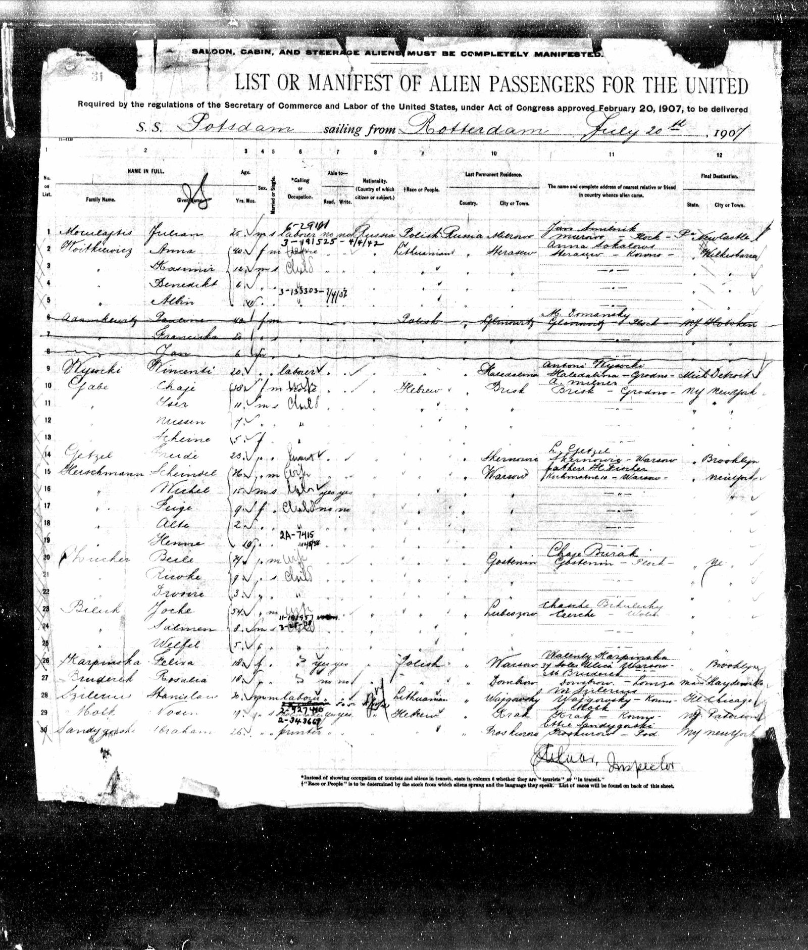 Rosalia Bruderick passenger list 1907