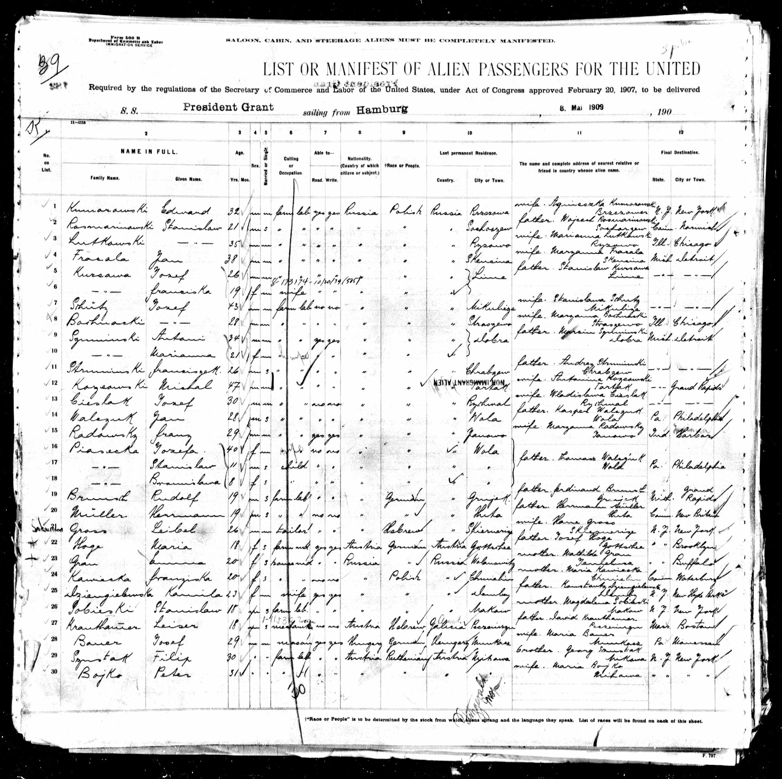 Stanislaw Rosmarinowski passenger list 1909 New York arrival A